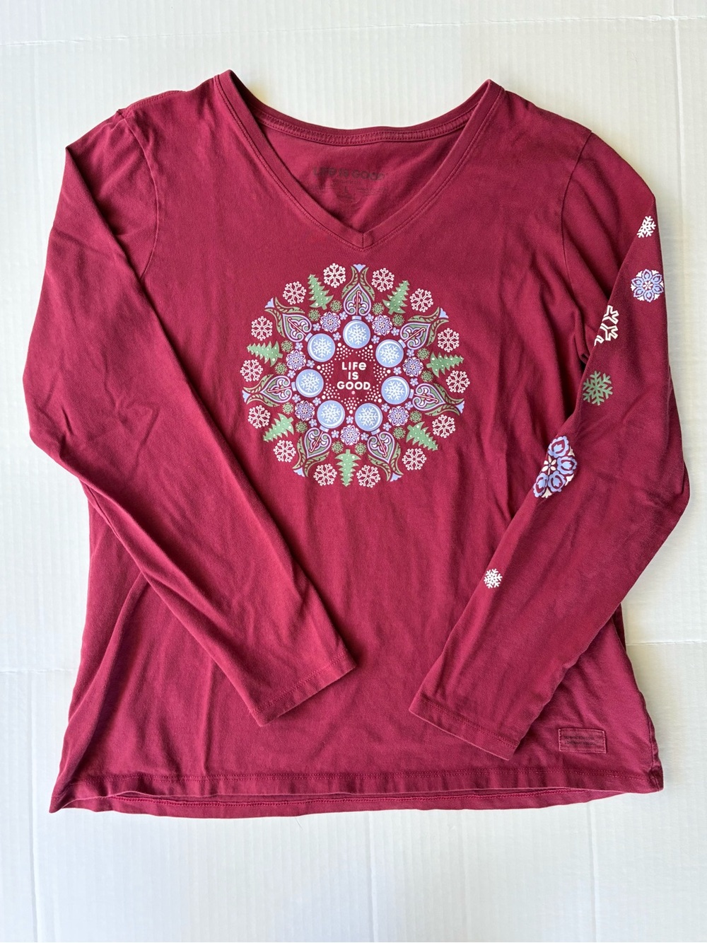 Life Is Good Crusher Tee Women’s Long Sleeve Shirt Size Large Christmas Graphic